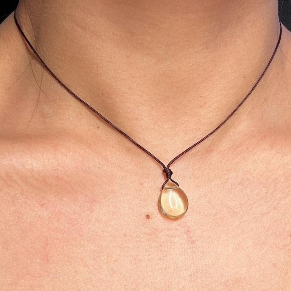 Handmade Yellow Czech Glass Drop Necklace Boho Adjustable Brown Dainty Layering